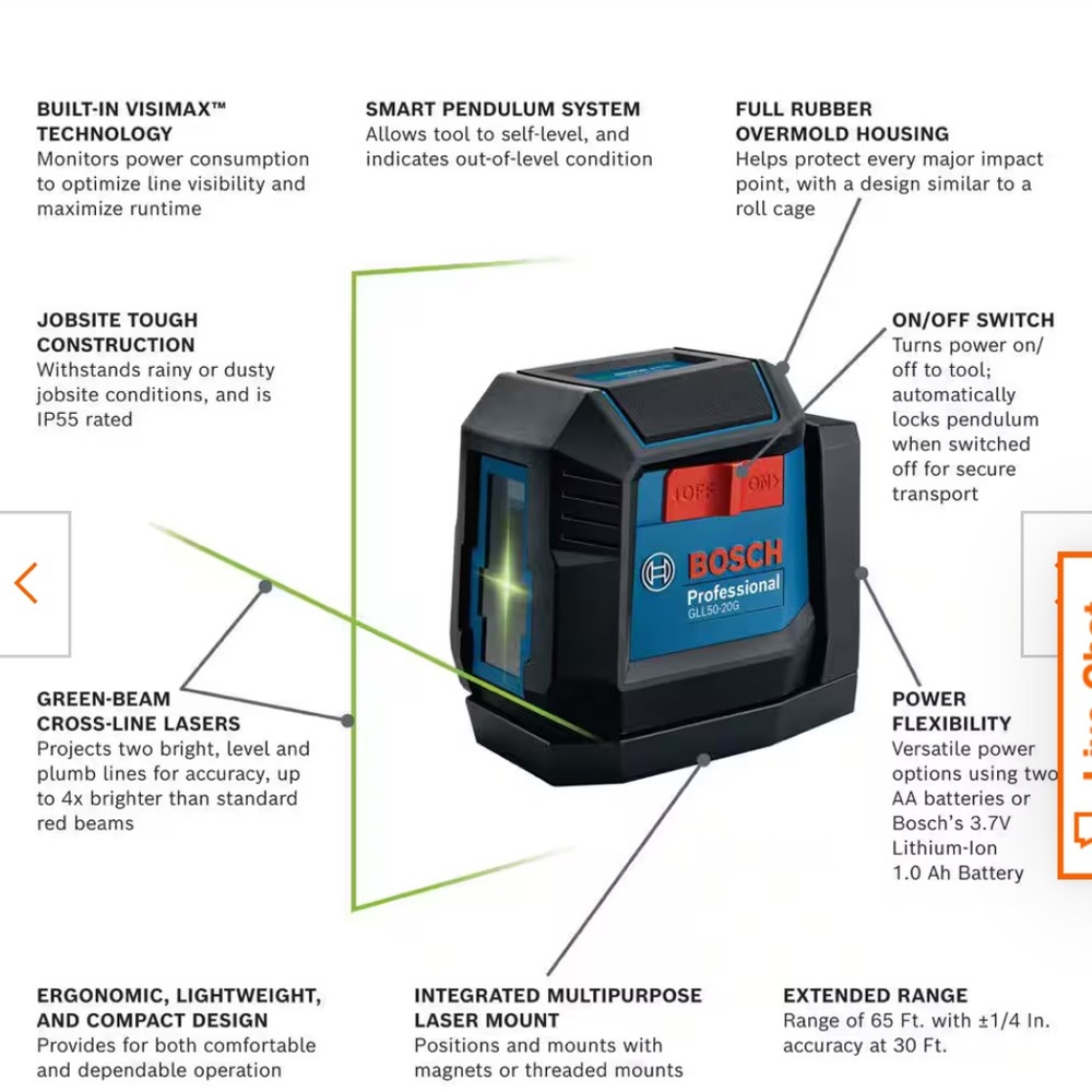 Bosch Self Leveling Cross Line Laser with Li ion Battery 65FT
